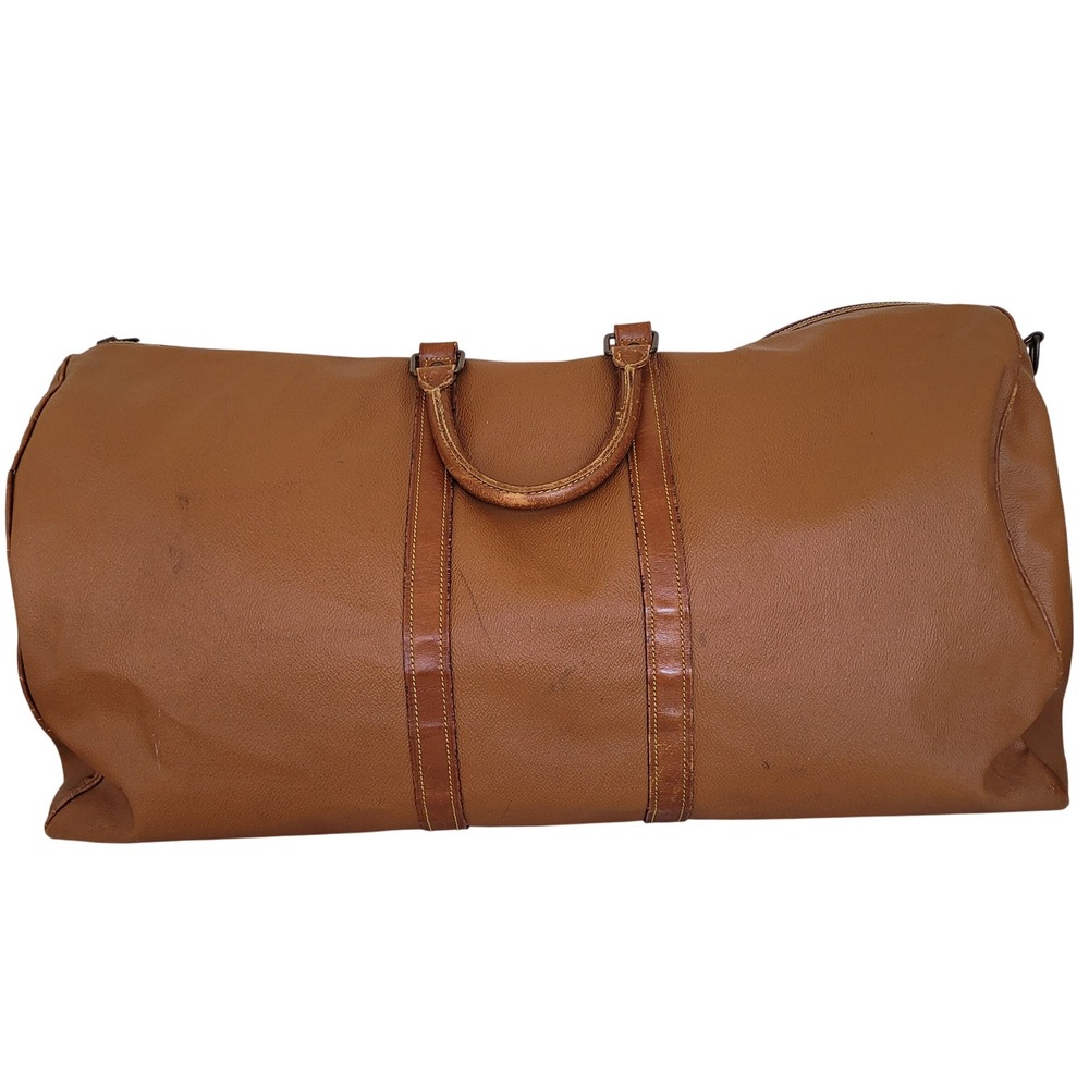 Hunting World Vintage Tan Leather Trim Duffel Bag Travel Weekender Large